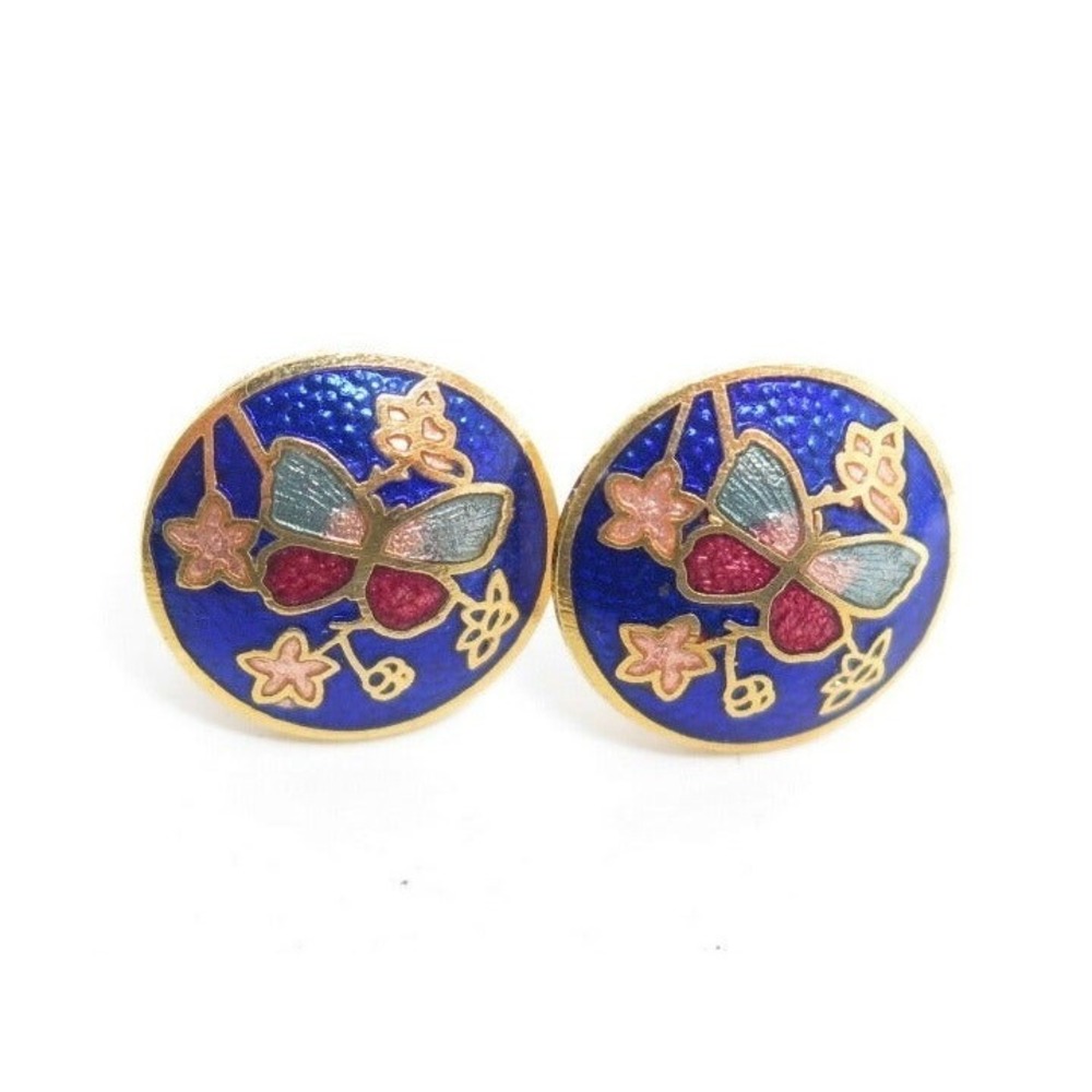 Vintage Blue Cloisonne Enamel Butterfly Stud Earrings